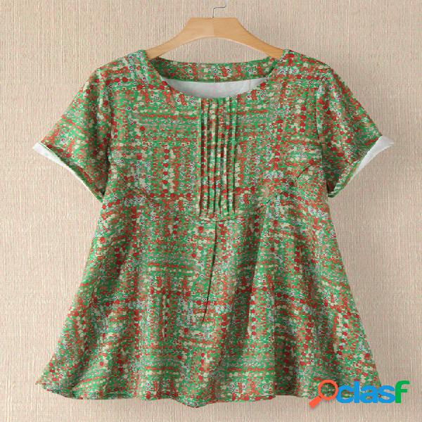 Blusa de manga curta plissada estampada para mulheres