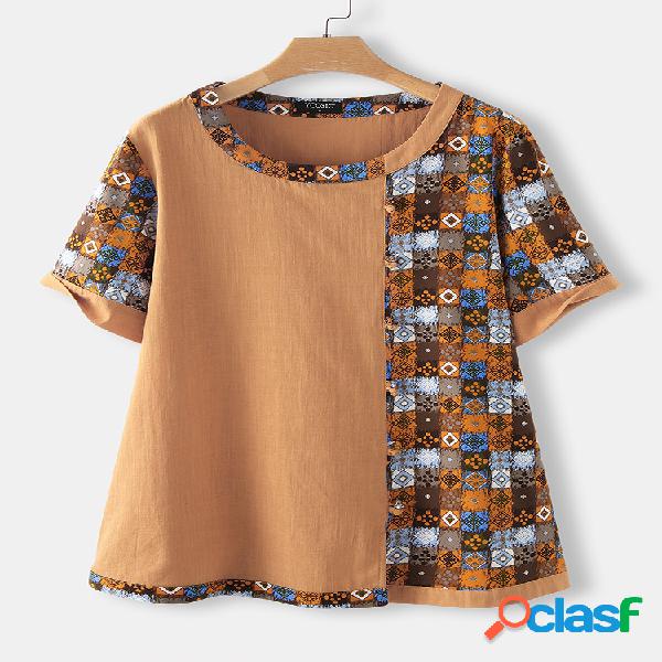 Blusa de mangas curtas com botão de patchwork impresso