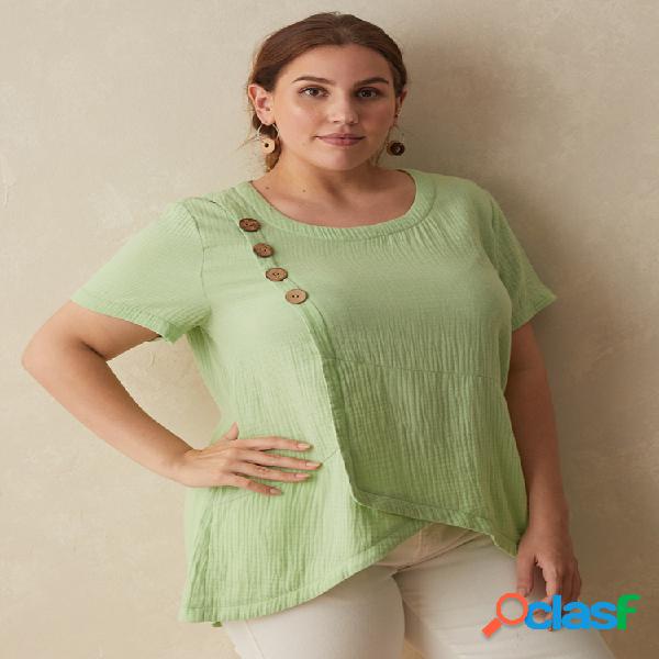 Blusa de tamanho irregular botão elástico O pescoço Plus