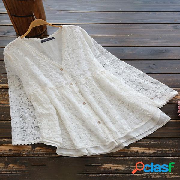 Blusa de tamanho longo Plus do laço do bordado do verão