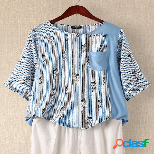 Blusa listrada impressa gato do pescoço dos retalhos com