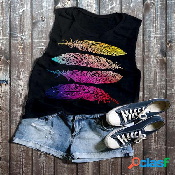 Blusa sem mangas com estampa de penas em torno do pescoço