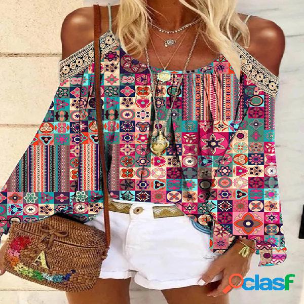 Bohemian Print Cold Shoulder Blusa de manga comprida para