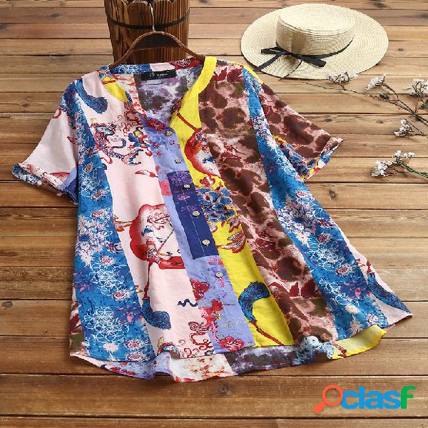 Bohemian Print Patchwork manga curta Plus tamanho Camisa