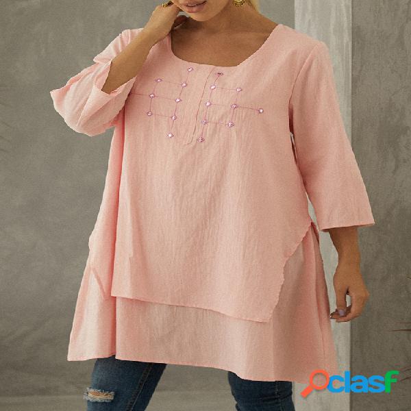 Bordado Duas Camadas O-Neck Split 3/4 Manga Blusa