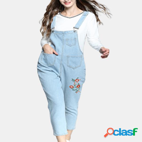 Bordado Floral Denim Casual Jumpsuit