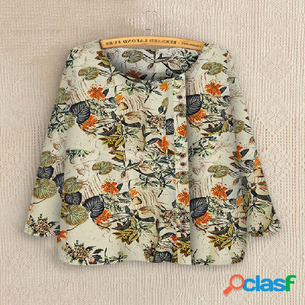 Botão Floral Manga comprida Plus Blusa Tamanho