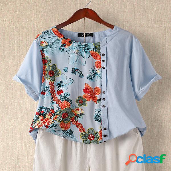 Botão Imprimir Patchwork O-pescoço Plus Blusa Tamanho