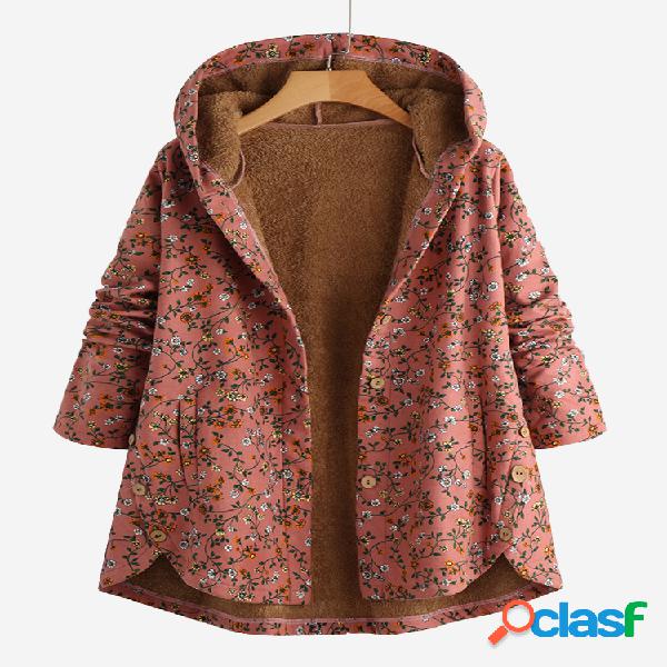 Botão assimétrico com capuz com estampa floral Plus Casaco