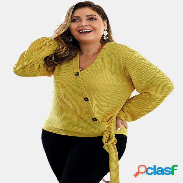 Botão assimétrico com decote em v nó Plus blusa de malha