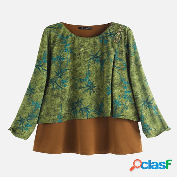 Botão de impressão Patchwork Knit Plus Blusa Tamanho