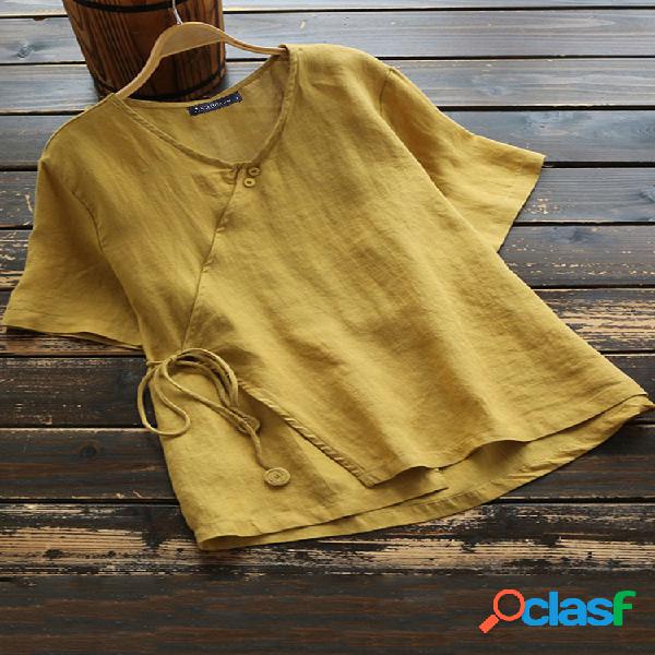 Botão de nó de cor sólida vintage Plus Blusa de tamanho