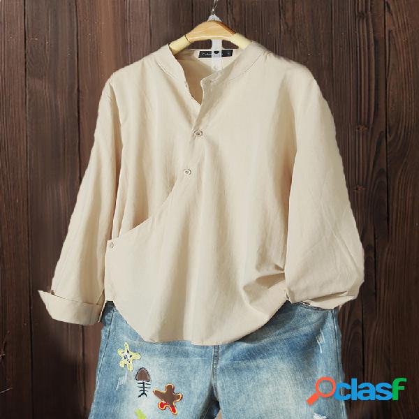 Botão irregular de cor sólida Plus Tamanho Vintage Camisa