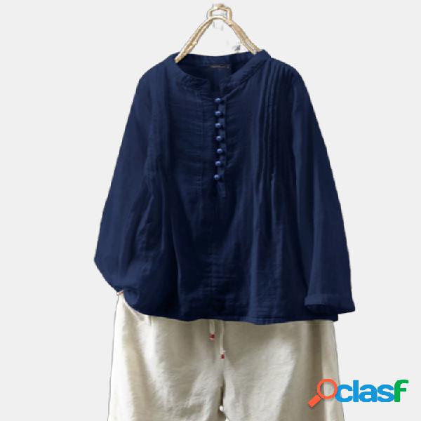 Botão plissado vintage Plus tamanho Camisa para mulheres