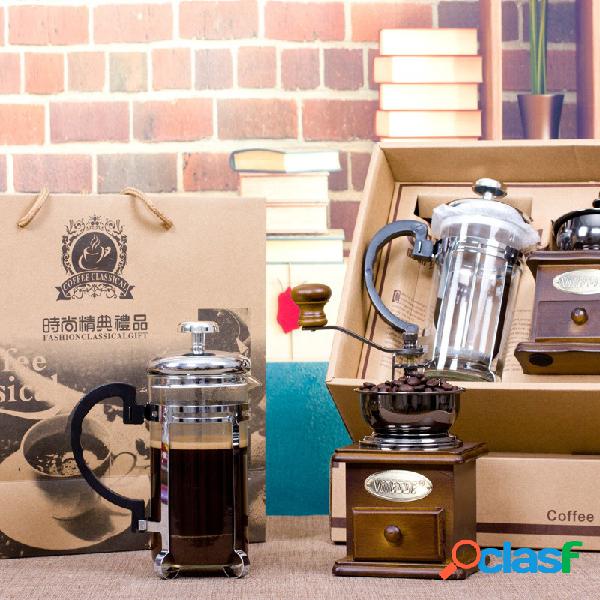 Cafeteira manual conjunto com moedor de café de madeira e