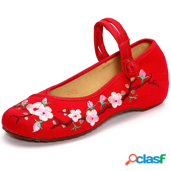 Calçados Retro de Lona Flor Bordada Sem Cadarço