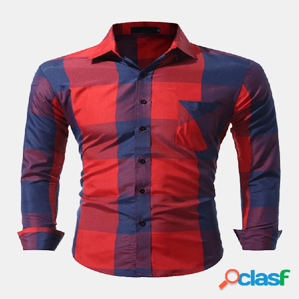 Camisa Elegante Fina Xadrez Grande Estampado com Botão Para