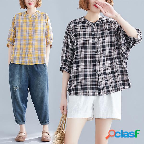 Camisa xadrez feminino curto-manga nova solta Casual tamanho