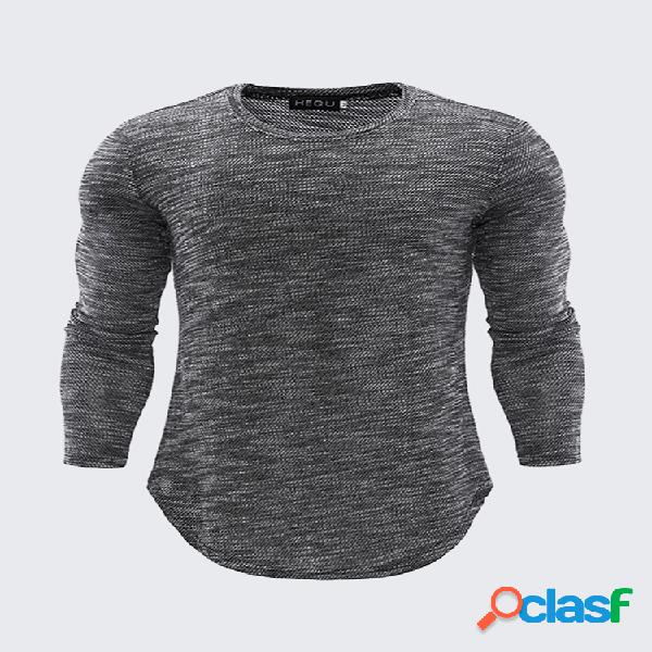 Camiseta Tricotada Casual Cor Sólida Manga Longa Gola