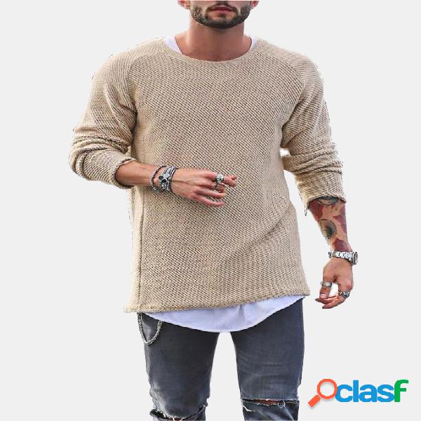 Camiseta Tricotada Sólida Casual Manga Longa Gola Redonda