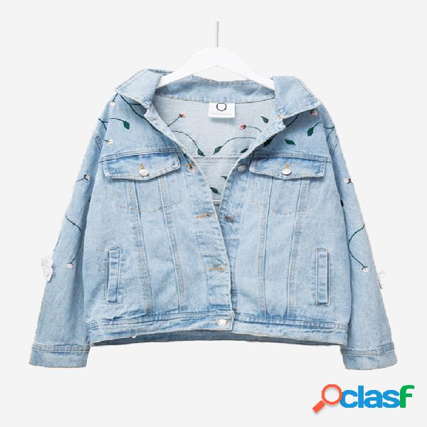 Casaco de Denim Bordado Casual para Mulheres