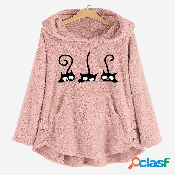 Casuais três gatos bonitos imprimir hoodies soltos de lã