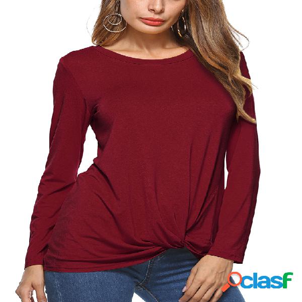 Casual Loose Solid Color O-Neck Blusas de manga comprida