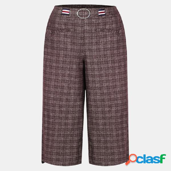 Casual Plaid Elastic Waist Mulheres Woolen Wide Leg Pants