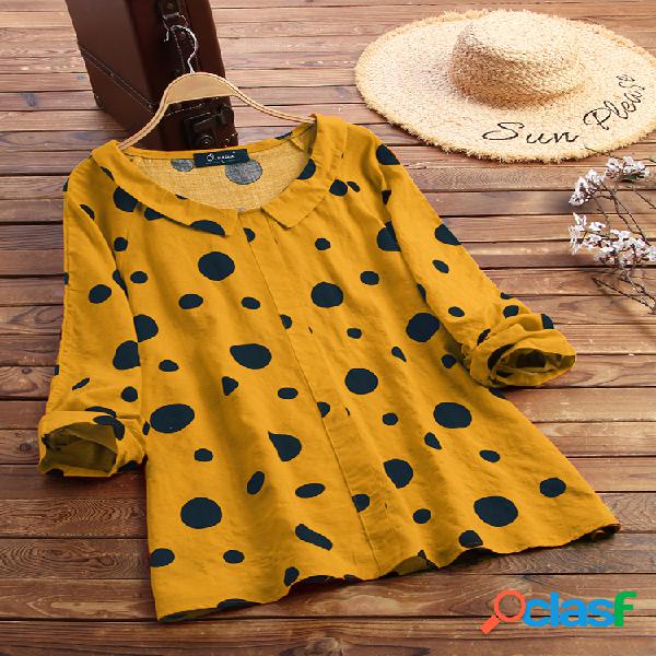 Casual Polka Dot Print Lapel Manga comprida Plus Tamanho