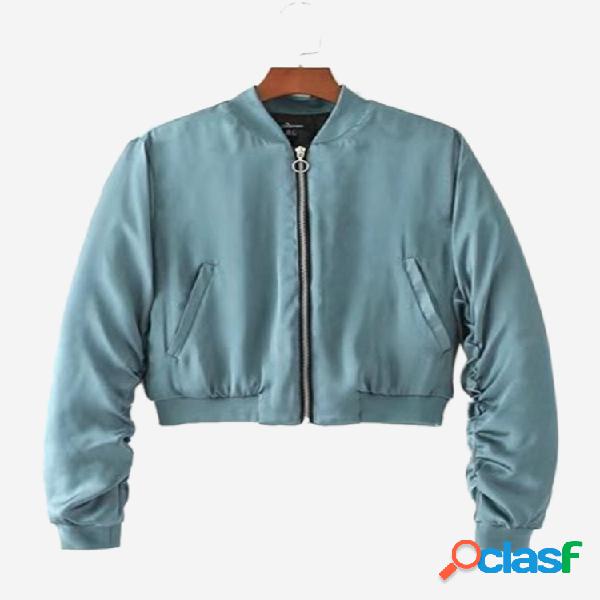 Casual Solid Color Long Sleeve Stand Collar Women Baseball