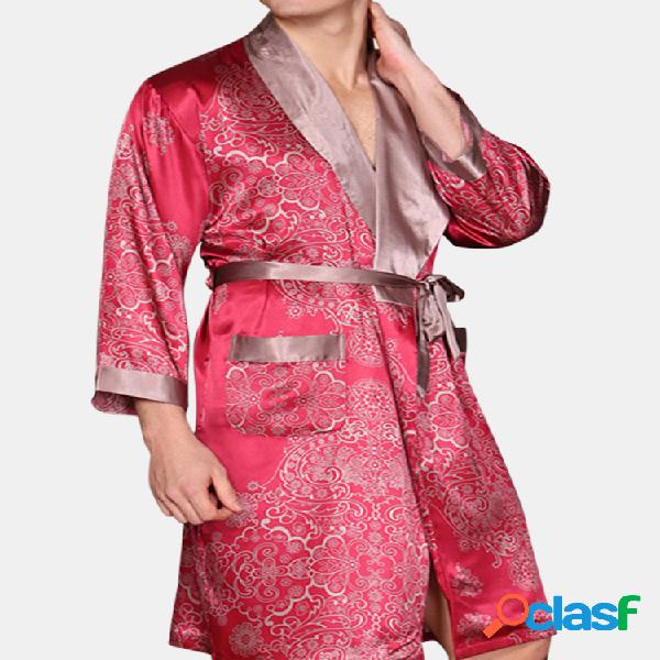 Conjunto Doméstico Estampado de Pijamas de Seda com Cinta