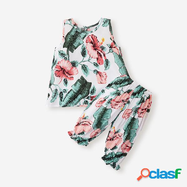 Conjunto casual sem mangas com estampa floral da menina para