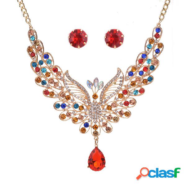 Conjunto de Colar e Brincos Elegante De Pavão Luxo Colorido
