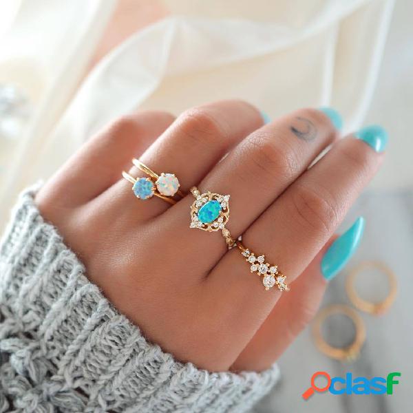 Conjunto de anéis de diamante de opala colorido boêmio