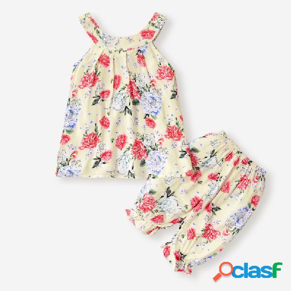 Conjunto de roupas sem mangas com estampa floral da menina