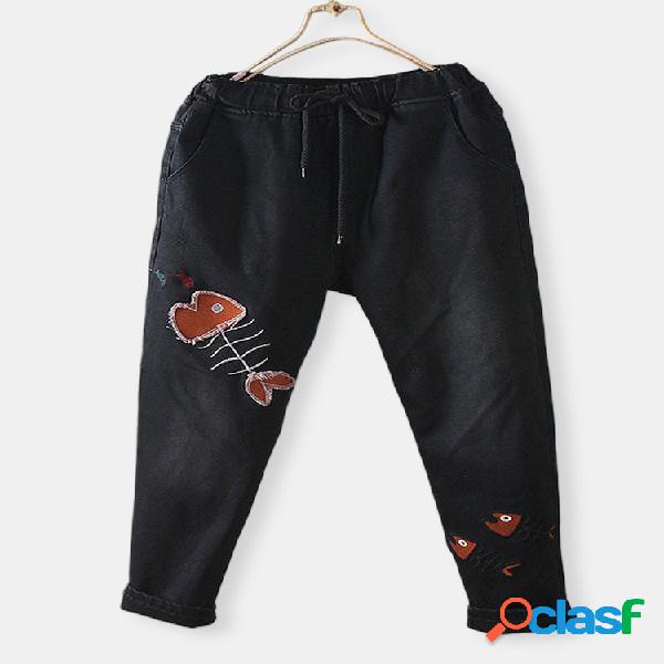 Cordão de bordado de osso de peixe Jeans para mulheres