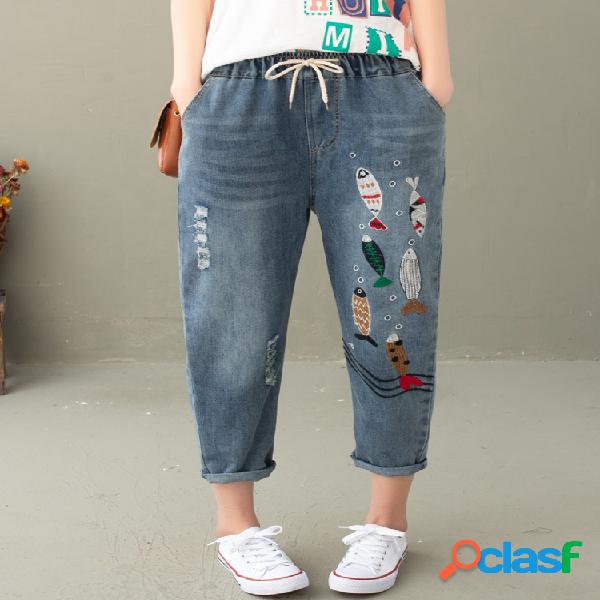 Cordão rasgado ocasional bordado peixe Jeans para mulheres