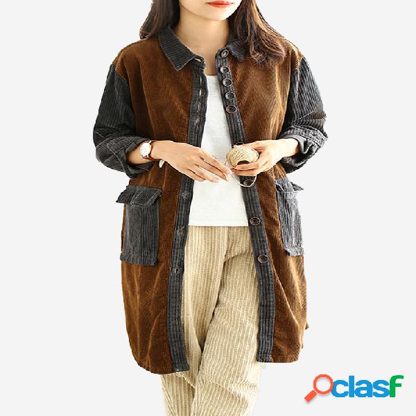 Corduroy Patchwork Lapel Button Plus Casaco fino com bolsos