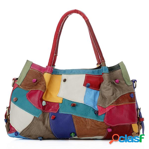 Couro Genuíno Contraste Cor Patchwork Bolsa Sacos De Ombro