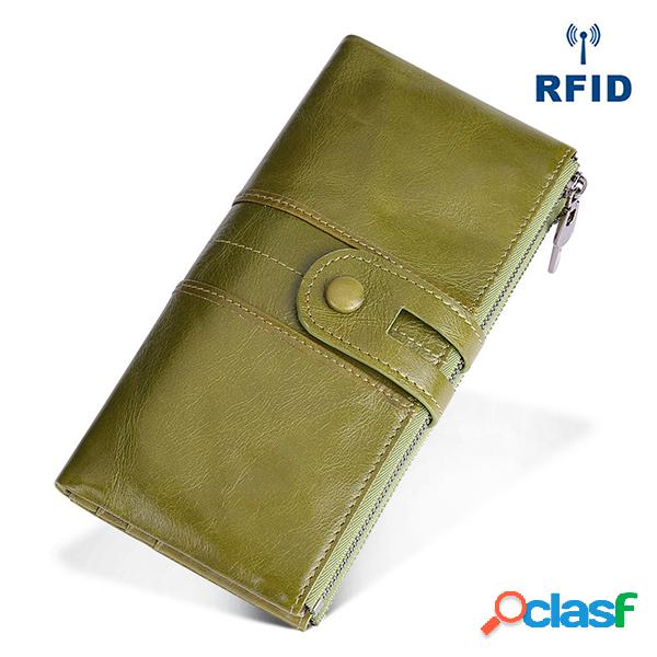 Couro Genuíno RFID Antimagnetic Long Phone Wallet Card