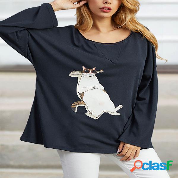 Cute Cat Print Manga comprida Casual Plus Tamanho Camiseta
