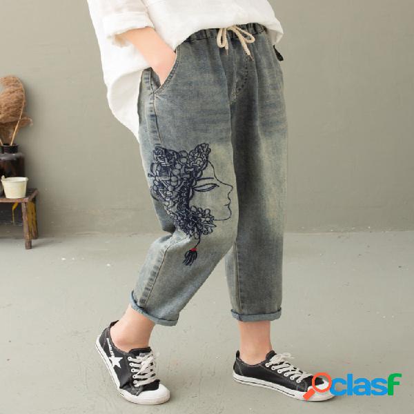 Desenhos animados cara bordado Drawstring Vintage Jeans para