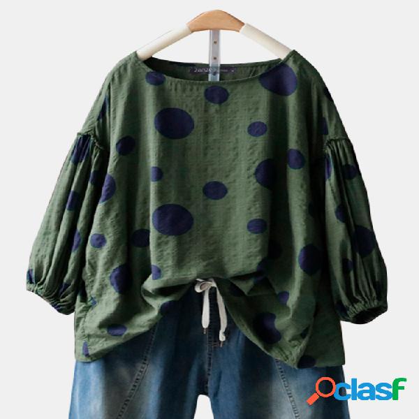 Dot Imprimir mangas compridas O-pescoço Blusa Casual