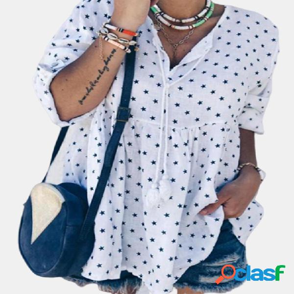 Estrelas Imprimir Blusa casual com decote em v para mulheres