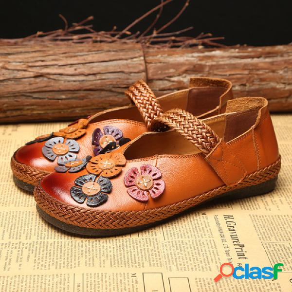 Flor Couro Toe Rodada Sola de borracha Casual Gancho Loop
