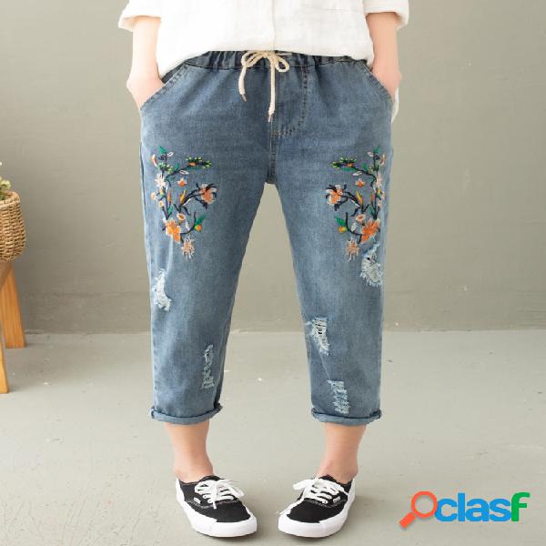 Flor casual bordado cordão rasgado Jeans para mulheres