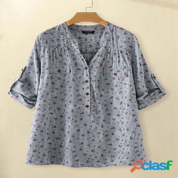 Floral Impresso Botão listrado Meia Manga Blusa