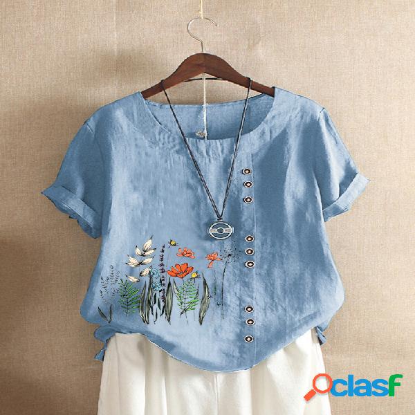Flores Imprimir O-pescoço Plus Tamanho camiseta para as