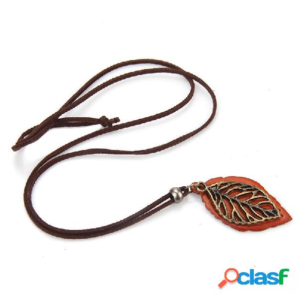 Folhas de casal do vintage pingente de colar de couro