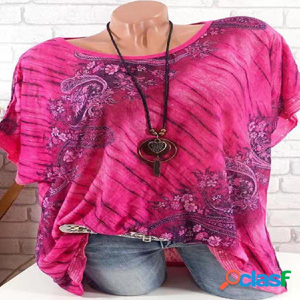 Gardient Flower Print Blusa de manga curta O-neck